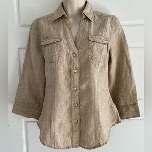 Merona 100% Linen Safari Utility Button Up Roll Tab Shirt Neutral Tan Size XS